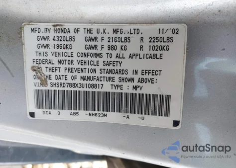 2003 Honda Cr-V Ex z USA, uszkodzony, nr VIN SHSRD788X3U108817